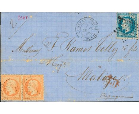 1868. 40 cts orange, two stamps and 20 cts blue (Laur©). CONSTANTINOPLE (TURKEY) to MALAGA (SPAIN) (Via Paris where the 20 ct