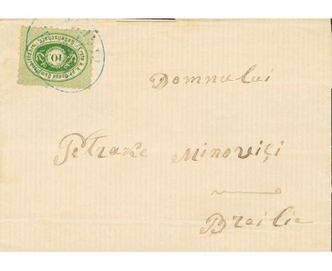 (1868ca). 10 k green. Addressed to BRAILA (ROMANIA). Blue c.d.s. AGENCIE / D.D.G.S. / PIQUET. VERY FINE AND RARE. 