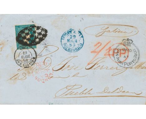1858. MANATY a PUEBLA DEL DEAN, circulada v­a Inglaterra. En el frente fechador ADMON GRAL. / PUERTO RICO, en azul y marca PA
