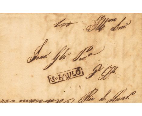 1827. SAO PAULO to RIO DE JANEIRO (lightly tropicalized). Rectagular postmark SAO PAULO and manuscript "100" (reis). VERY FIN