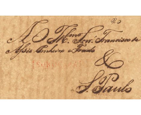 1832. SOROCABA to SAO PAULO (lightly tropicalized). Red boxed postmark SOROCABA, and manuscript "20" (reis). VERY FINE. 