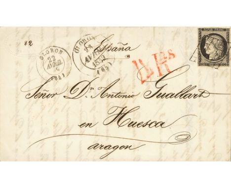 1849. 20 cts black (fine, design close to upper margin). OLORON (FRANCE) to HUESCA (SPAIN). Grid cancel, on front two c.d.s. 