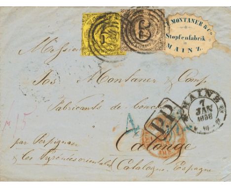 1858. 6 k black on pink and 9 k black on yellow (short margins). MAINZ to CALONGE. On front red french entry c.d.s. and spani