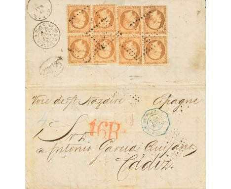 1866. 40 cts orange, two blocks (franked on reverse). SAN JUAN (PUERTO-RICO) to CADIZ. On front blue octogonal date stamp ST.