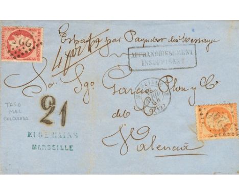 1864. 40 cts orange and 80 cts pink. MARSEILLE to VALENCIA. On front black postmark AFFRANCHISSEMENT / INSUFFISANT, manuscrip