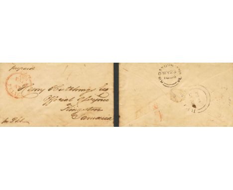 1854. BELIZE to KINGSTON (JAMAICA). Red postmark PAID /AT / BELIZE and manuscript "Prepaid" and "Pr Pkt", on reverse double a