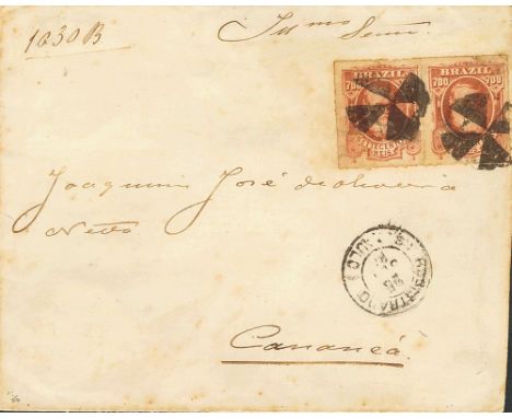 (1880ca). 700 red chestnut, pair. Value declared from SAO PAULO to CANANEA. Fancy four arms cancel on front and c.d.s. REGIST