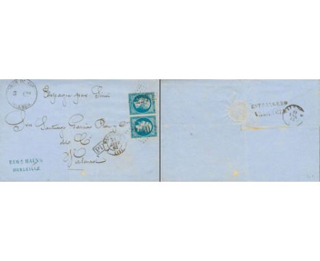 1863. 20 cts blue, pair. MARSEILLE to VALENCIA. On front postmark ADMON. DE CAMBIO / 3 CTOS. /VALENCIA and manuscript "Espagn