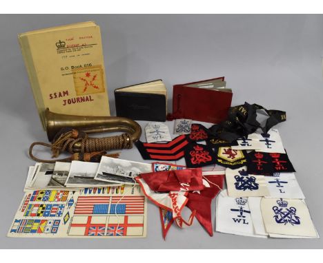 A Collection of Various Vintage Military and Naval Sundries to include Bugle (Missing Mouthpiece) Air Squadron Book, Embroide