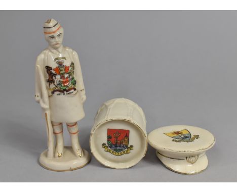 A Collection of WWI Crested Ware to include Carlton Scottish Soldier, Arcadian Military Drum and Soldiers Cap 