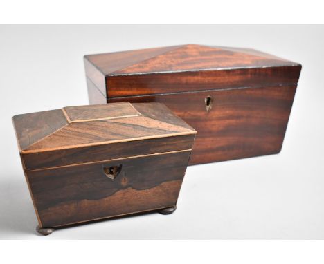 A Late Victorian Mahogany Two Division Tea Caddy of Sarcophagus Form, together with a Smaller Rosewood Example, Both in Need 