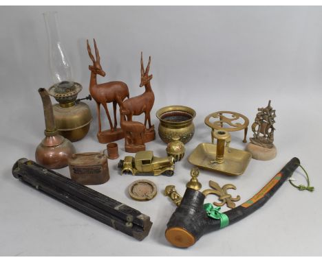 A Collection of Various Vintage and Contemporary Sundries to Include Brass Oil Lamp, Metal Savings Bank for Salop and Welsh C