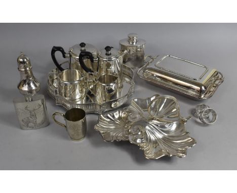 A Collection of Various Silver Plated Items to Include Entree Dish, Trefoil Dish, Hip Flask, Galleried Shaped Tray Etc 