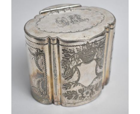 A Late Victorian Silver Plated Oval Tea Caddy with Hinged Lid Monogrammed DLR, Engraved Decoration to Body, 9.5cms High 