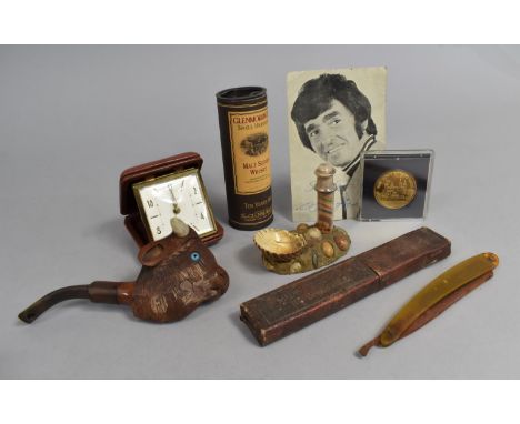 A Novelty Bulls Head Pipe, Travelling Alarm Clock, Miniature Whisky Etc 