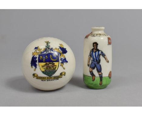 A Vintage Crested Ware Football for New Brighton together with a Bottle For Sheffield Wednesday, English Cup Winners and Firs