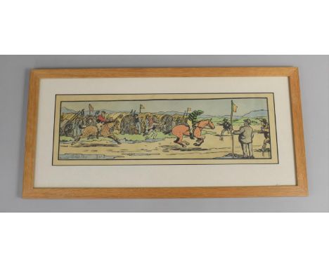 A Coloured Print, Jack Yeates, Jockeys at the Finishing Line, 45x14.5cms 
