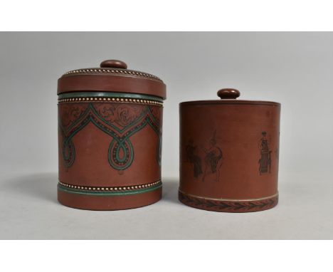 Two Terracotta Prattware Terracotta Lidded Cylindrical Pots 