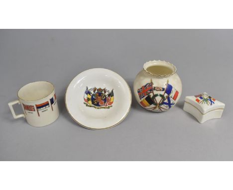 A Collection of Three Crested Ware Items, All with WWI Interest, Goss Flags of the Allies, Shelley Lidded Box, Goss Coffee Ca