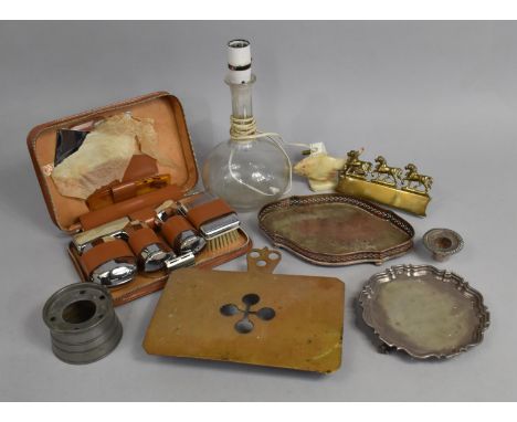 A Collection of Sundries to include Metalwares, Vintage Gents Travelling Set, Large Table Lamp 
