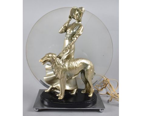 A Vintage Cast Plaster Figural Table Lamp in the Form of Maiden with Afghan Hound, Glass Shade Cracked, 35cms Diameter 