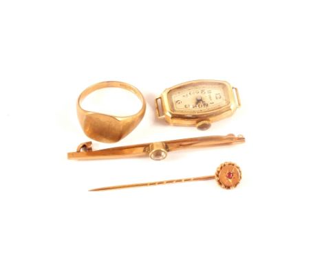 A 9ct gold lady's wristwatch, signet ring, stick pin and bar brooch