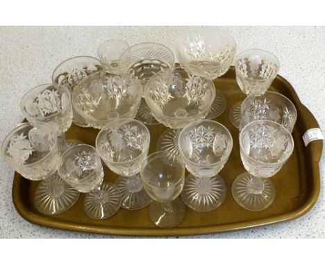 Glassware to include cut and other glasses, hyacinth vases etc (two trays)