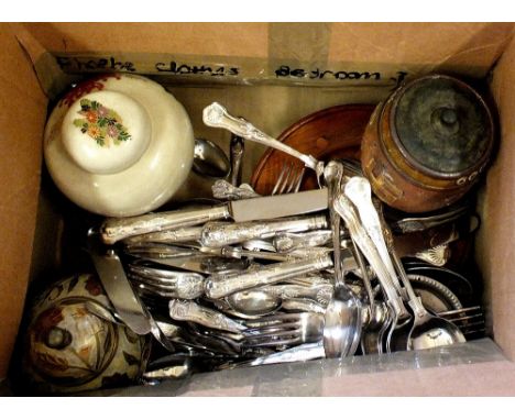 Silver plated cutlery, circular oak barometer, Royal Doulton Swastika tobacco jar (as found) etc