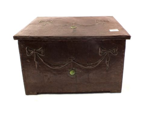 A copper log bin with bow and ceramic boss decoration plus a box of various prints