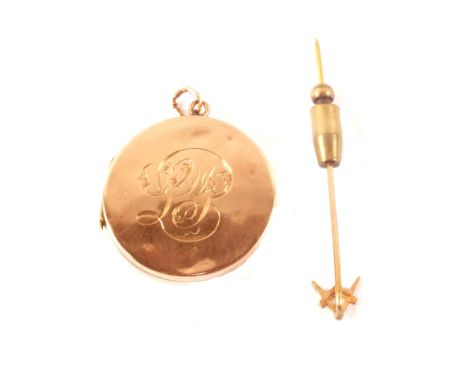 A 9ct gold circular photo locket with initials engraved plus a 9ct gold Masonic stick pin