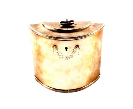 A continental oval silver tea caddy with ring handle plus floral escutcheon, mark C.K.