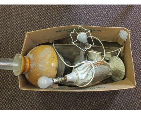 A trug, two Bernard Rooke style stoneware table lamps plus an oil lamp