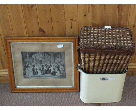 A picnic basket, enamel flour bin, maple framed print plus a chamber pot