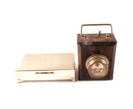 A silver plated engine turned cigarette box plus an Ever Ready wooden lamp