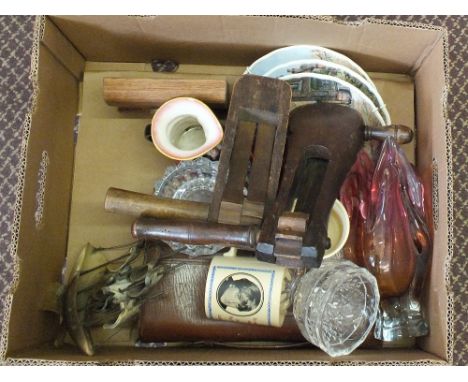 A mixed lot including bird scarer's, grooming kit, collectors plates, Bohemia glass plus a ceramic deer