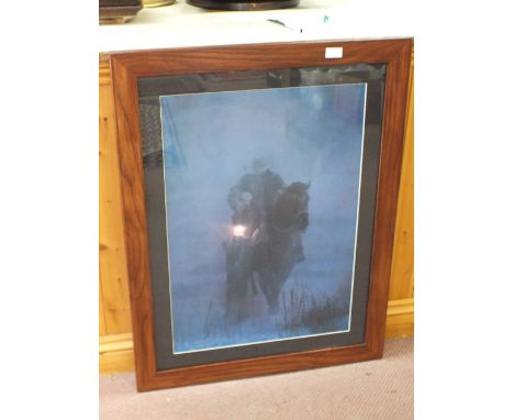 A Chinese blue and floral rug plus a print of a night rider with lantern