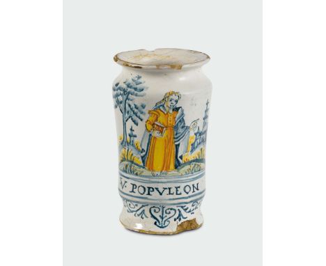 Albarello Castelli, fine del XVI secolo, Maiolica a gran fuoco in policromia, altezza cm 18,5 circa Sbeccature visibili Corpo