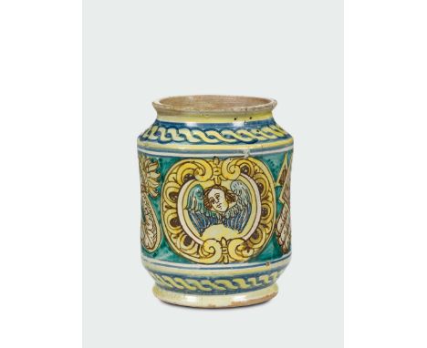 Albarello COLLESANO, 1666, Maiolica a gran fuoco in policromia, altezza cm 18,5 Felatura visibile Sulla zona frontale, all’in
