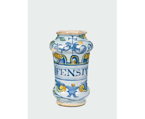 Albarello Marche (probabile a Pesaro), seconda metà del XVI secolo, Maiolica a gran fuoco in policromia, altezza cm 19,0 Sbec