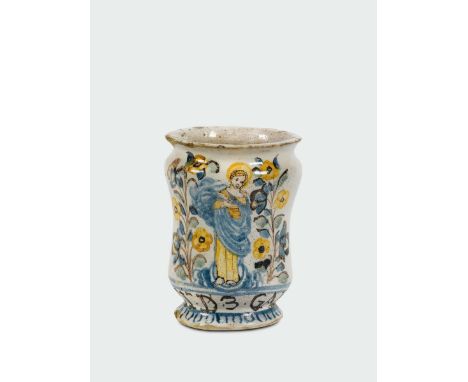Piccolo albarello Probabile bottega napoletana del XVII secolo, Maiolica a gran fuoco in policromia, altezza cm 12,0 circa Sb