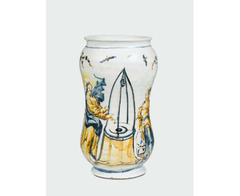 Grande albarello Savona, fabbrica del Chiodo, XVIII secolo, Maiolica a gran fuoco in policromia, altezza cm 27,5 Buono stato 