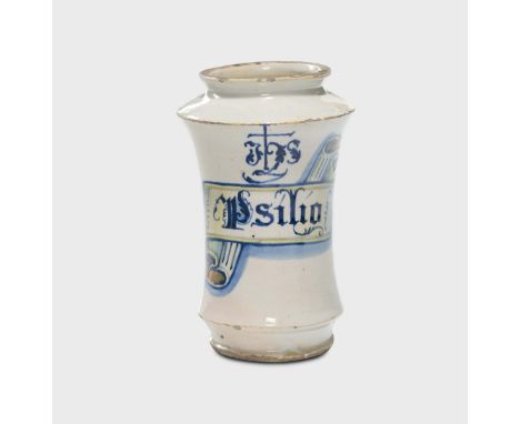 albarello Casteldurante, metà del XVI secolo, Maiolica a gran fuoco in policromia, altezza cm 22,0 Alcune sbeccature Corpo ci