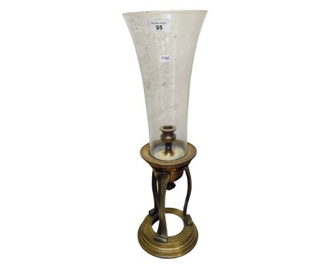 TALL BRASS CANDLE STICK WITH GLASS SHADE 