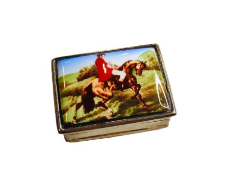 SILVER &amp; ENAMEL HUNTING SCENE PILL BOX 