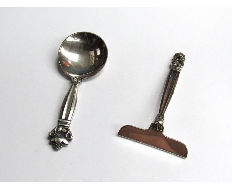 A Georg Jensen sterling silver acorn pattern Christening set, boxed, 45g