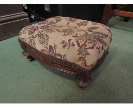 A Victorian stool with tapestry upholstery, parquetry banding 