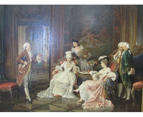 A 19th Century Continental oil on panel of interior scene with figures in 18th Century dress, 38cm x 44cm, in gilt frame 