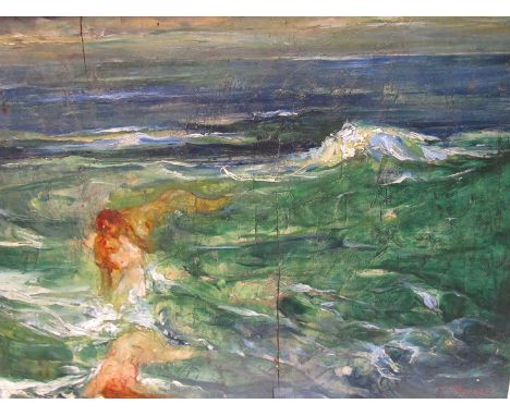 An early 20th Century oil on wooden panel Impressionist seascape with sirens indistinctly signed bottom right, dated 1913 (sp