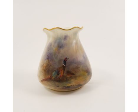 A Royal Worcester vase, with frilled edge, decorated with a cock pheasant in landscape by Jas Stinton, shape number G957, dat