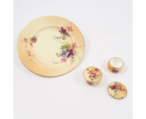 Two Royal Worcester blush ivory covered patch boxes, decorated with floral sprays, dated 1899 and 1910, diameter 1.25ins, tog